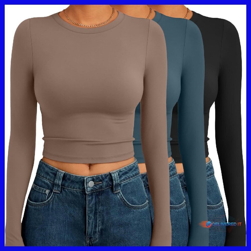 3 Pack Long Sleeve Crop Tops Slim Fitted Basic Y2K Fall Fashion